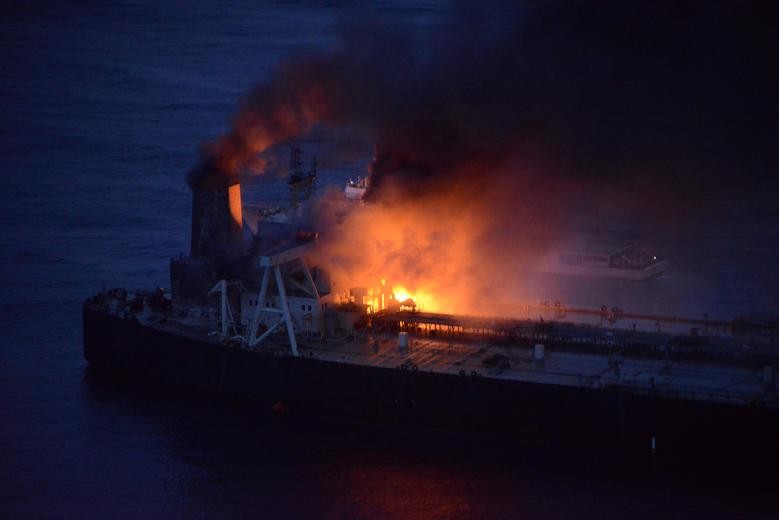 The New Diamond, a very large crude carrier (VLCC) chartered by Indian Oil Corp (IOC), that was carrying the equivalent of about 2 million barrels of oil, is seen after a fire broke out off the east coast of Sri Lanka. Sri Lankan Airforce/via REUTERS